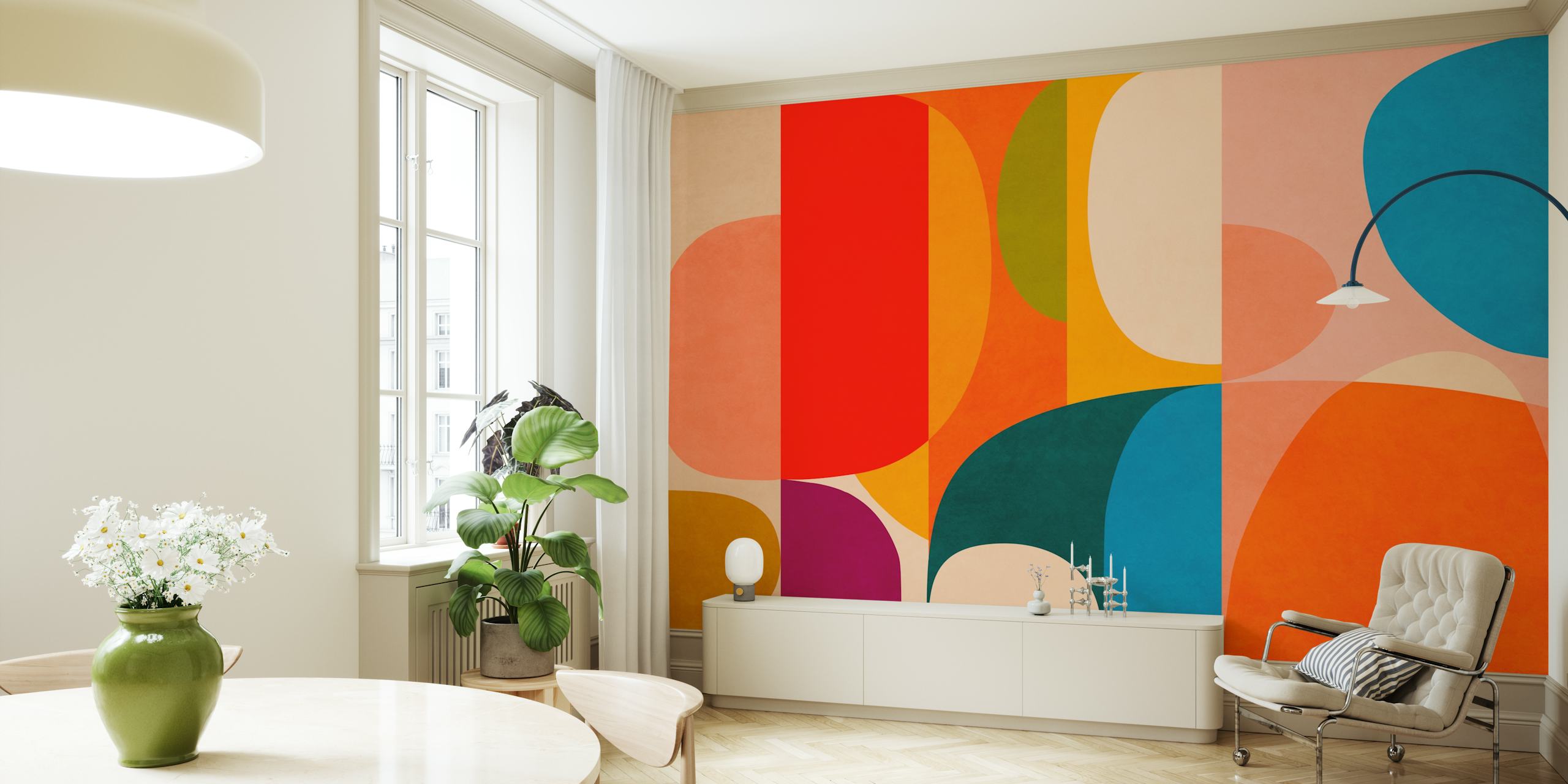 Colorful abstract shapes in red, teal, orange, and cream wallpaper